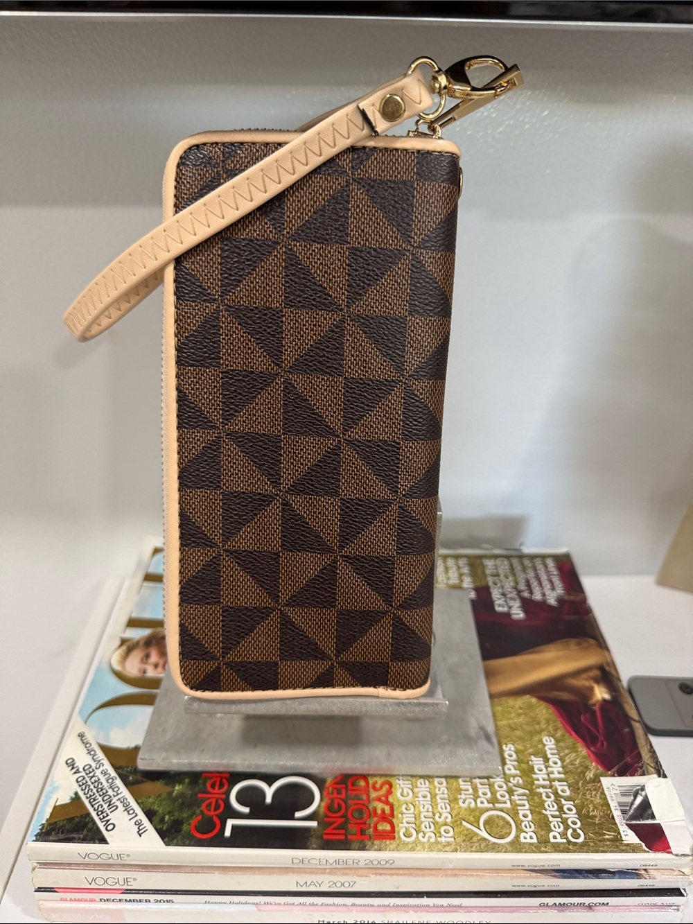 Geometric Brown Wristlet Clutch with Beige Strap